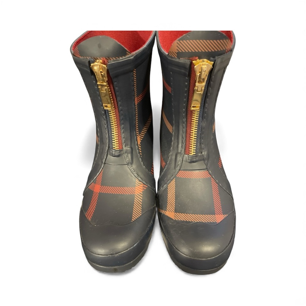 Tommy Hilfiger Women’s Navy and Red Plaid Rain Boots with Gold Zipper Detail